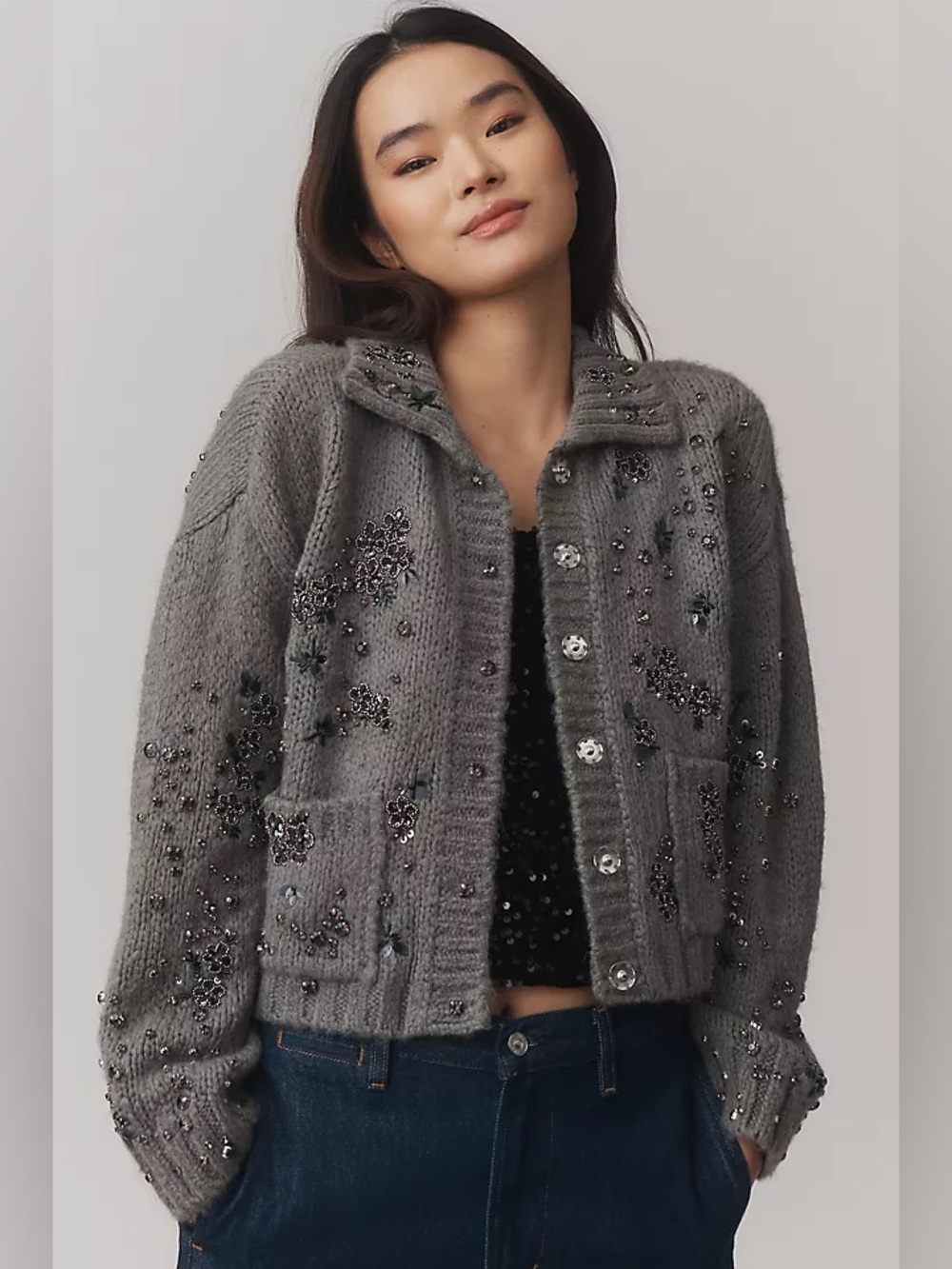 Pilcro Embellished Floral Collared Cardigan Sweater Grey Medium Anthropologie